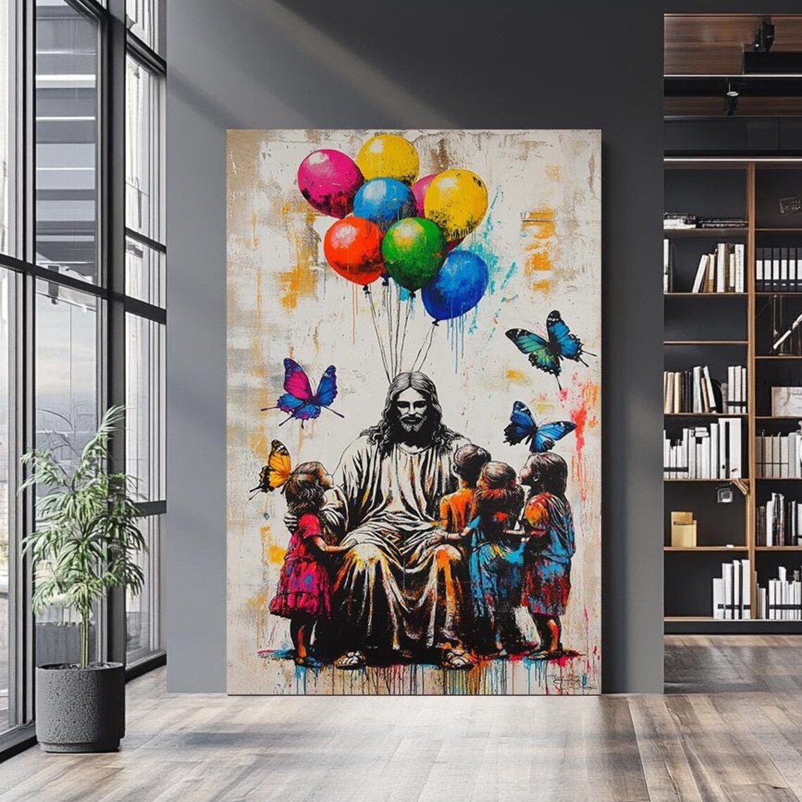 Seated Jesus With Four Children Balloons Butterflies Cream Drip Art Poster