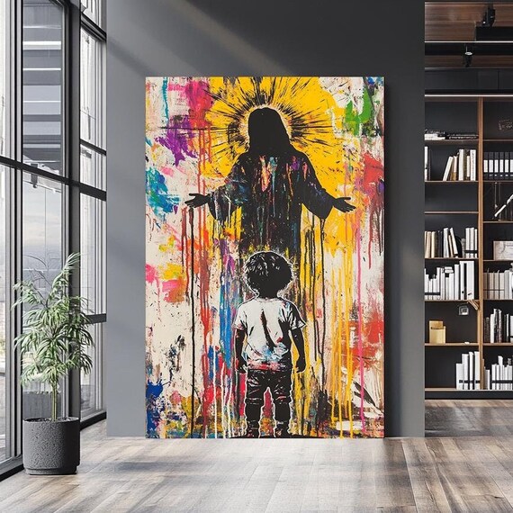 Jesus Arms Open Golden Sunburst Halo Child Multicolor Drip Graffiti Poster
