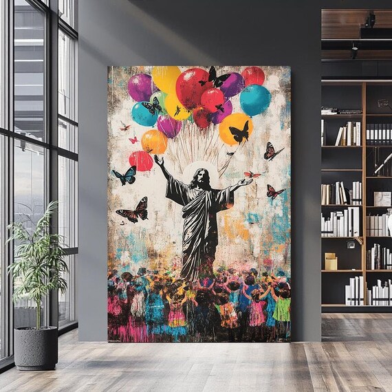 Jesus Arms Outstretched Crowd Balloons Butterflies Festive Street Art Poster