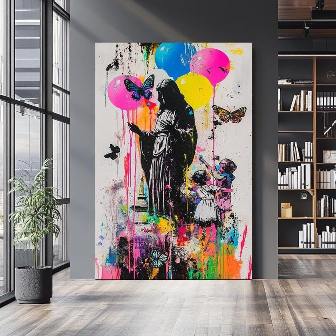 Jesus Silhouette Children Balloons Butterflies Neon Splatter Street Art Poster