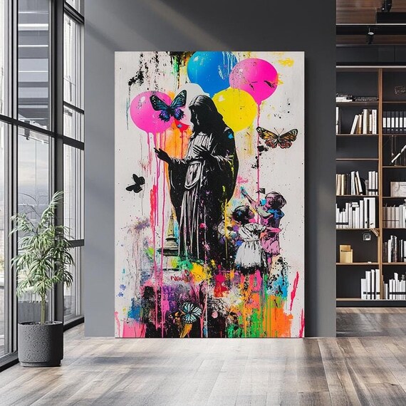 Jesus Silhouette Children Balloons Butterflies Neon Splatter Street Art Poster