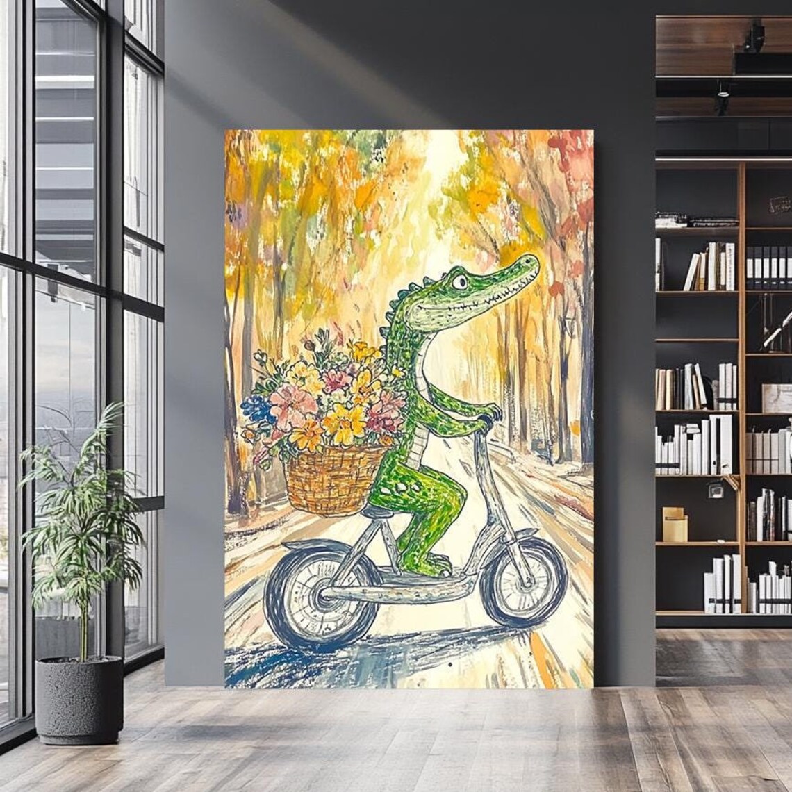 Whimsical Alligator On Bicycle Flower Basket Autumn Road Wall Art