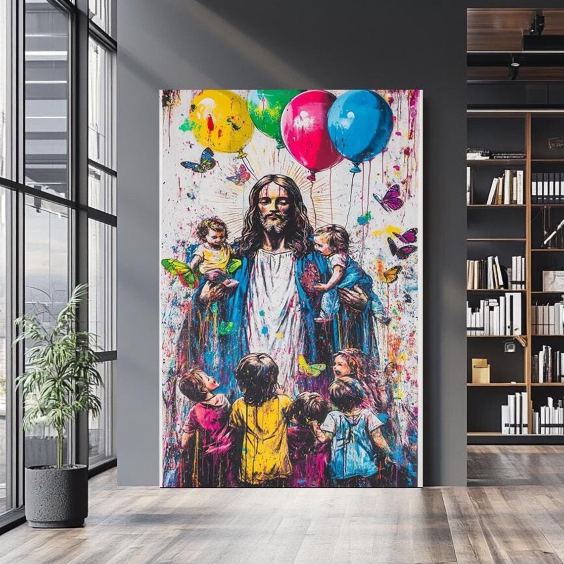 Jesus Holding Children Balloons Butterflies Colorful Drip Painting Poster