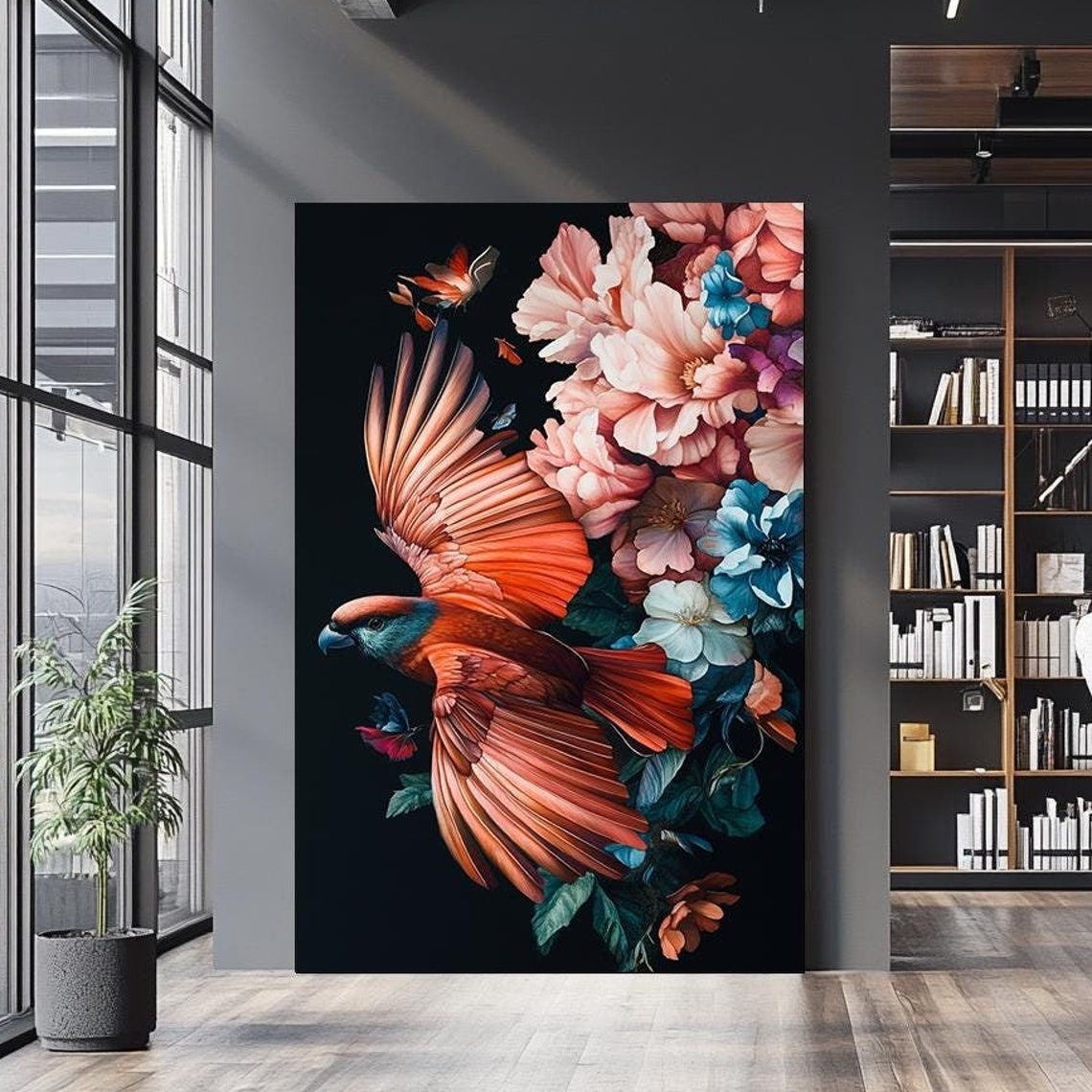 Vibrant Coral Parrot In Flight Blooming Flowers Black Background Art