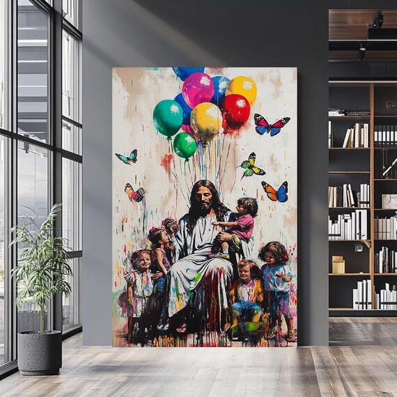 Jesus With Children Colorful Balloon Bunch Butterfly Splatter Art Poster