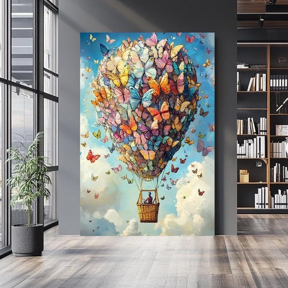 Butterfly Hot Air Balloon Wall Art Whimsical And Vibrant Dreamy Illustration Nature Inspired Artwork Unique Home Decor
