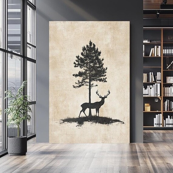 Rustic Black Stag Silhouette Under Pine Tree Vintage Beige Wall Art