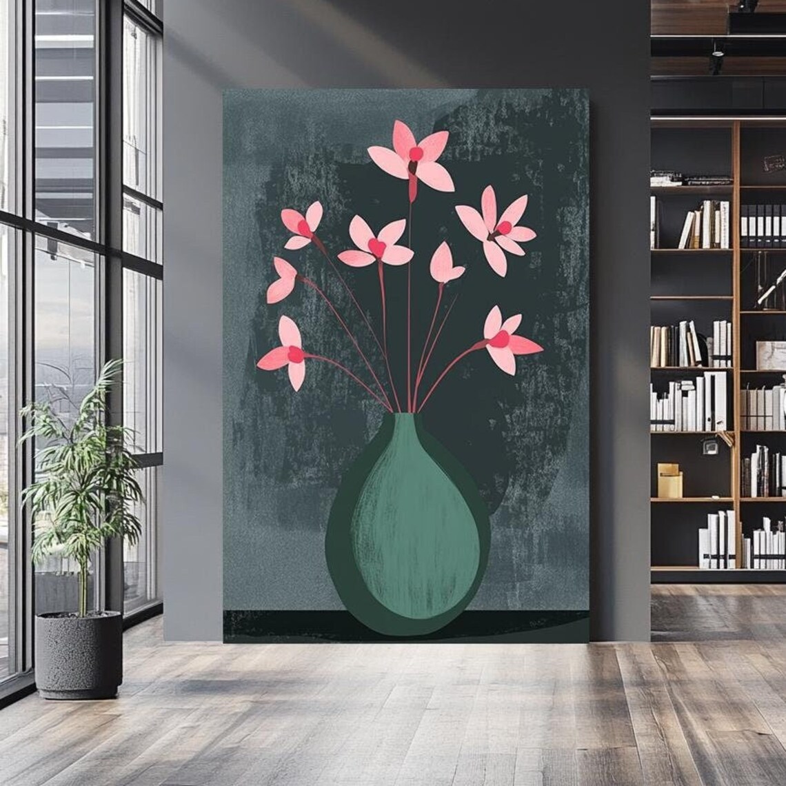 Modern Abstract Floral Vase Painting Pink Blossoms Dark Green Poster