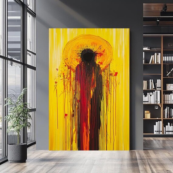 Abstract Jesus Gold Halo Yellow Drip Painting Modern Spiritual Christian Poster