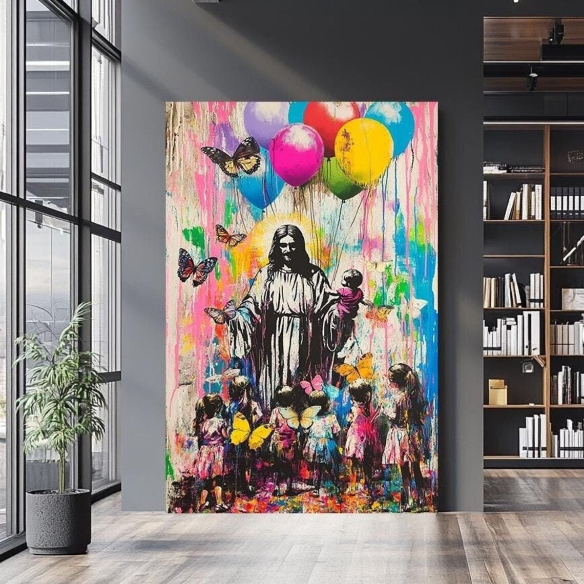 Jesus With Child Balloon Bouquet Butterfly Girls Pink Drip Art Poster