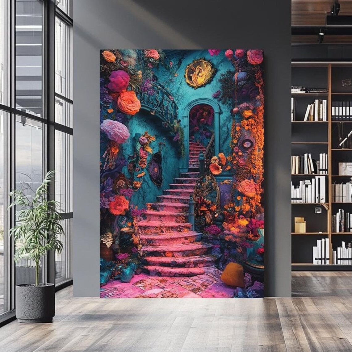 Maximalist Surreal Floral Staircase Pink Turquoise Fantasy Wall Art