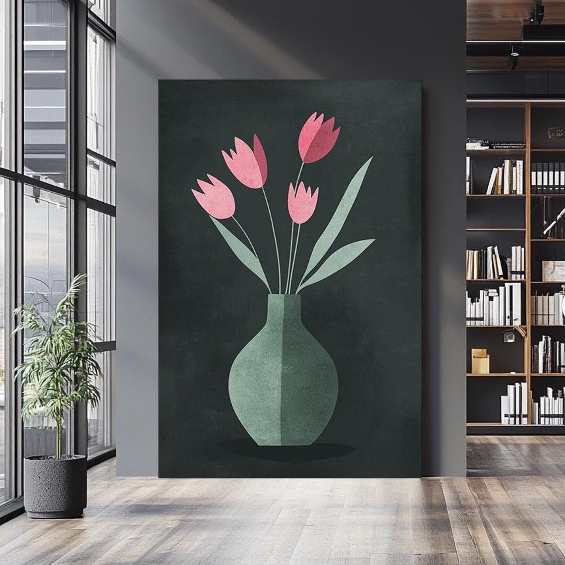 Minimalist Pink Tulips Sage Vase Dark Modern Floral Wall Art Poster