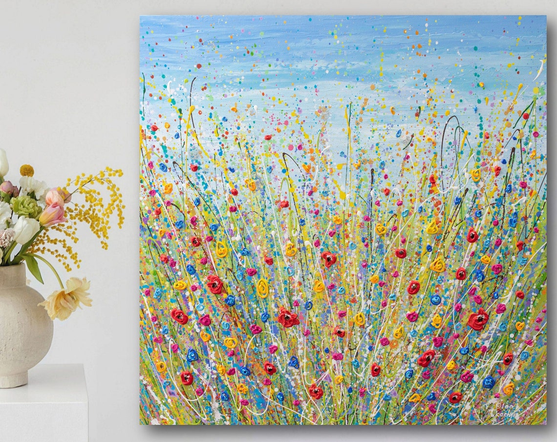 Bright Colorful Wildflower Meadow Blue Sky Red Yellow Art Poster