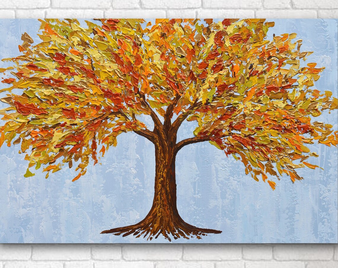 Autumn Tree Painting, Textured Fall Landscape
