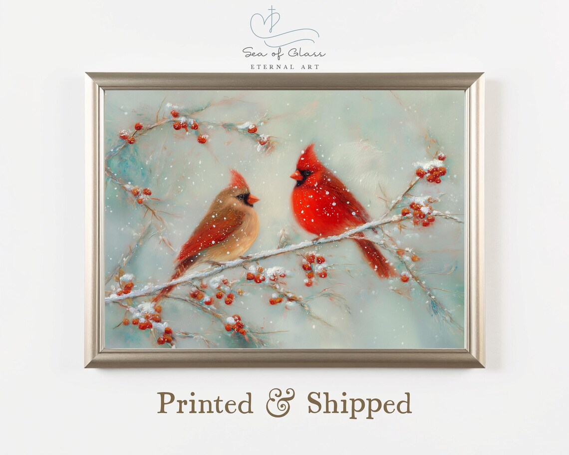 Winter Cardinal Pair Snowy Branch Painting Poster Red Birds Holiday