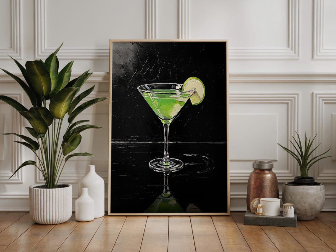 Appletini Green Cocktail Lime Black Background Impasto Bar Art Poster