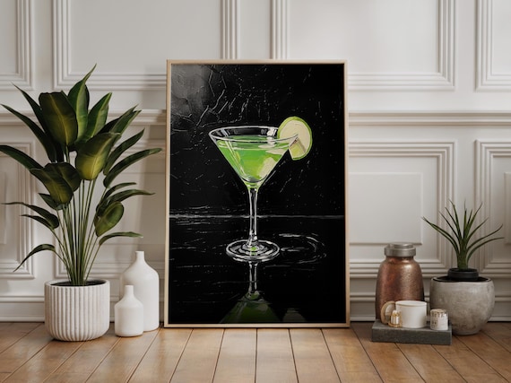 Appletini Green Cocktail Lime Black Background Impasto Bar Art Poster