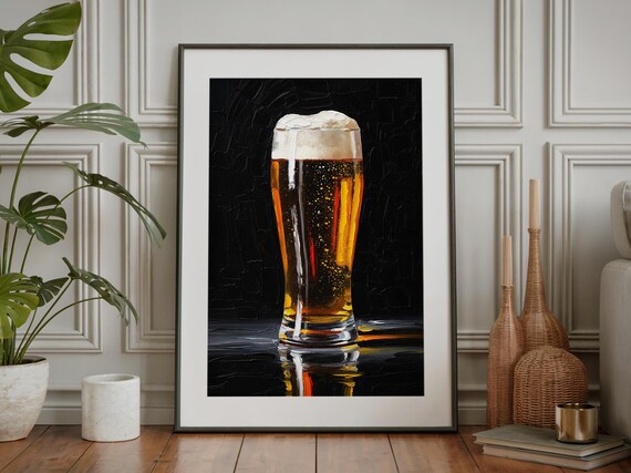 Pilsner Beer Glass Impasto Oil Painting Frothy Lager Moody Black Man Cave Wall Art