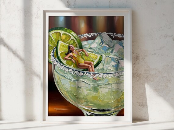 Woman Lounging in Giant Margarita Glass Impasto Painting Wall Art