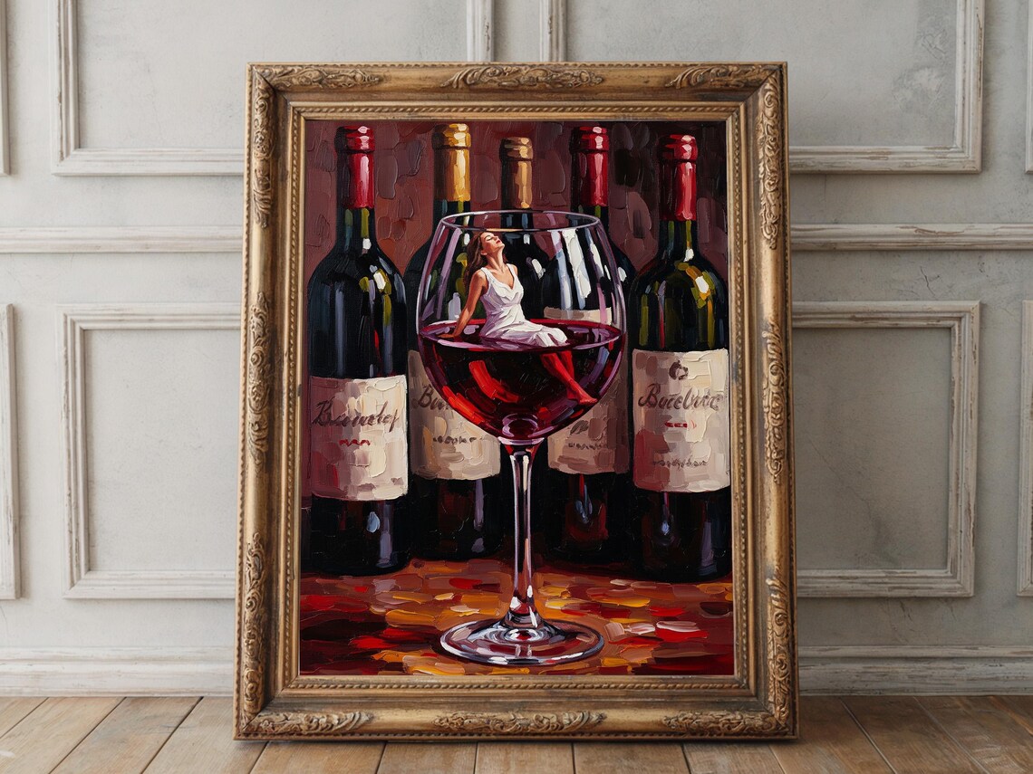 Woman Lounging in Giant Red Wine Glass Surreal Impasto Painting Poster