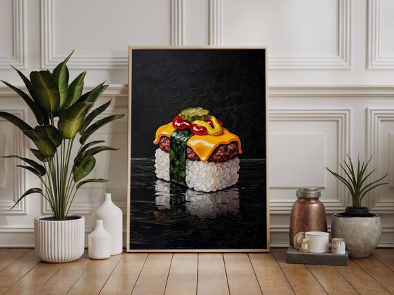 Surreal Sushi Burger Cheeseburger Impasto Painting Funny Food Poster