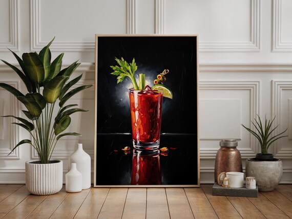 Bloody Mary Cocktail Celery Olive Garnish Moody Impasto Art Poster