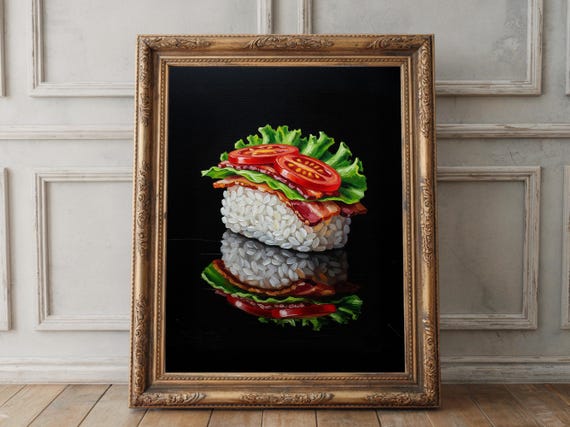 Double Bacon Blt Sushi Painting Quirky Kitchen Dining Wall Art Funny Foodie Gift Impasto Print Instant