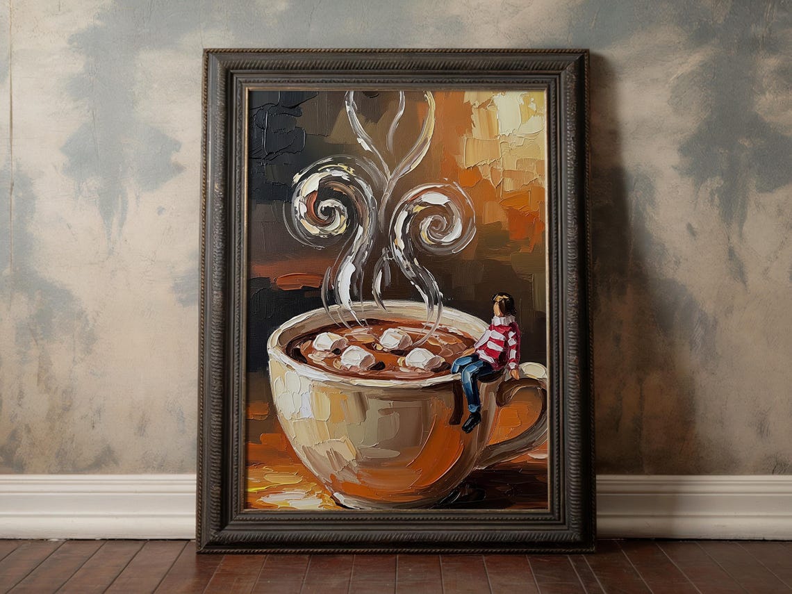 Cozy Hot Cocoa Marshmallows Tiny Girl Impasto Painting Kitchen Poster
