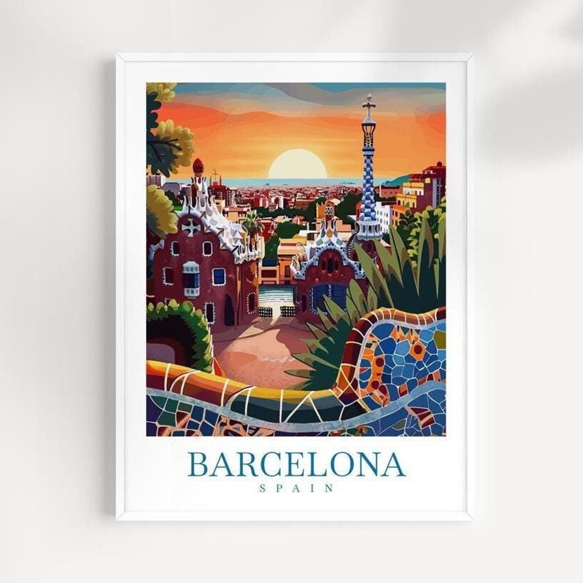 Barcelona Spain Park Guell Mosaic Sunset Vintage Travel Poster