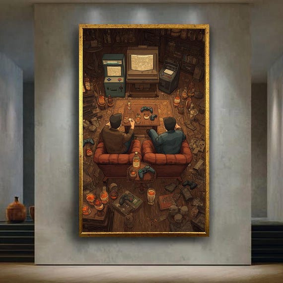 Gamer Lounge Canvas Wall Art Cozy Gaming Room Scene With Retro Consoles And Whiskey Perfect Decor For Game Or Man Cave