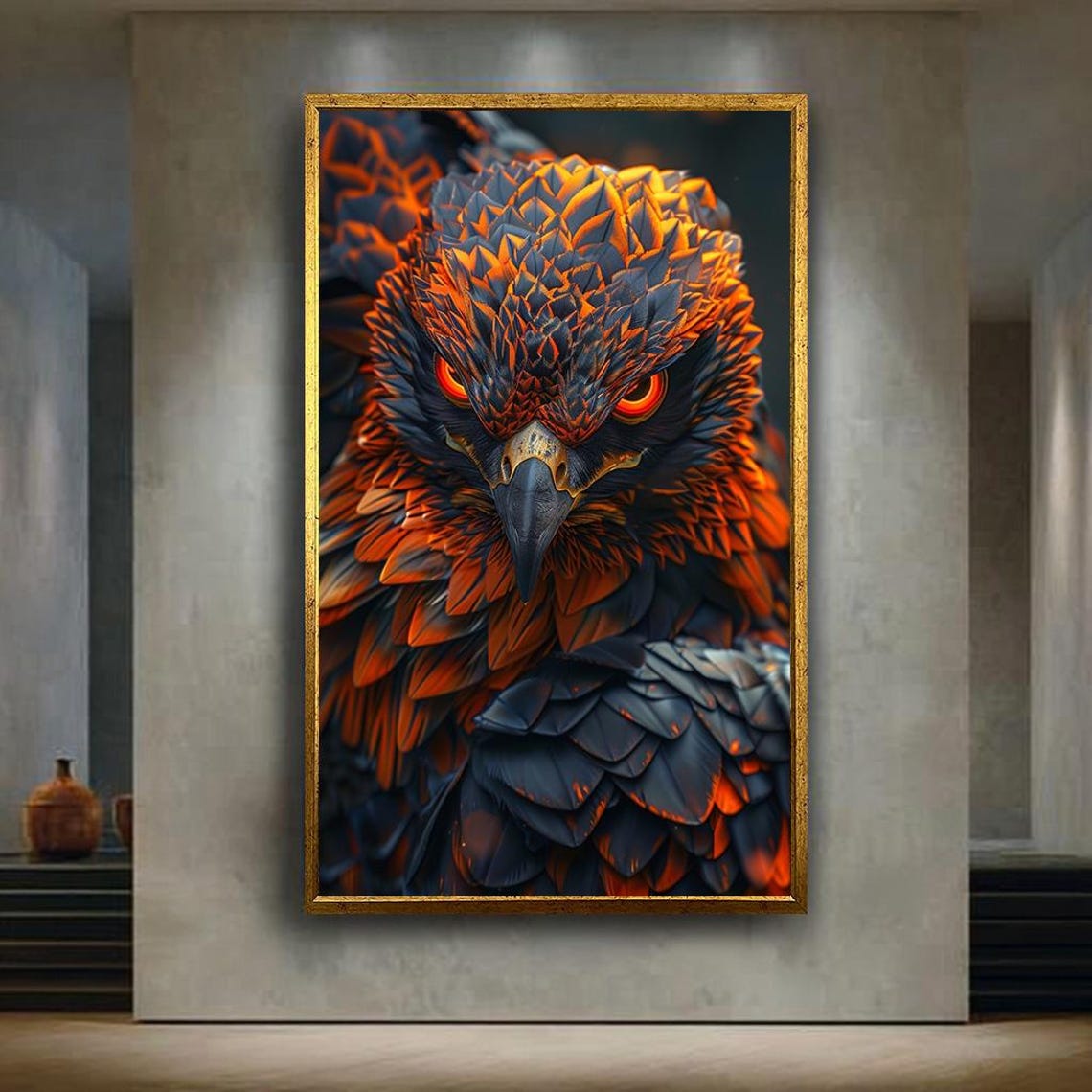 Fiery Eagle Fantasy Art Orange Red Feathers Bold Dark Bird Poster