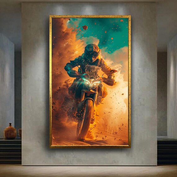 Extreme Motorcycle Rider Charging Through Orange Sand Burst Print