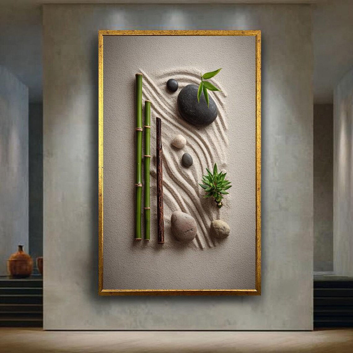 Japanese Zen Rock Garden Raked Sand Bamboo And Stone Calm Poster
