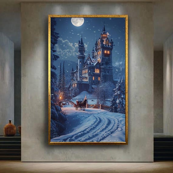 Fairy Tale Winter Castle Wall Art Snowy Night Canvas Print Horse Carriage Fantasy Scene Poster For Holiday Home Decor Gift