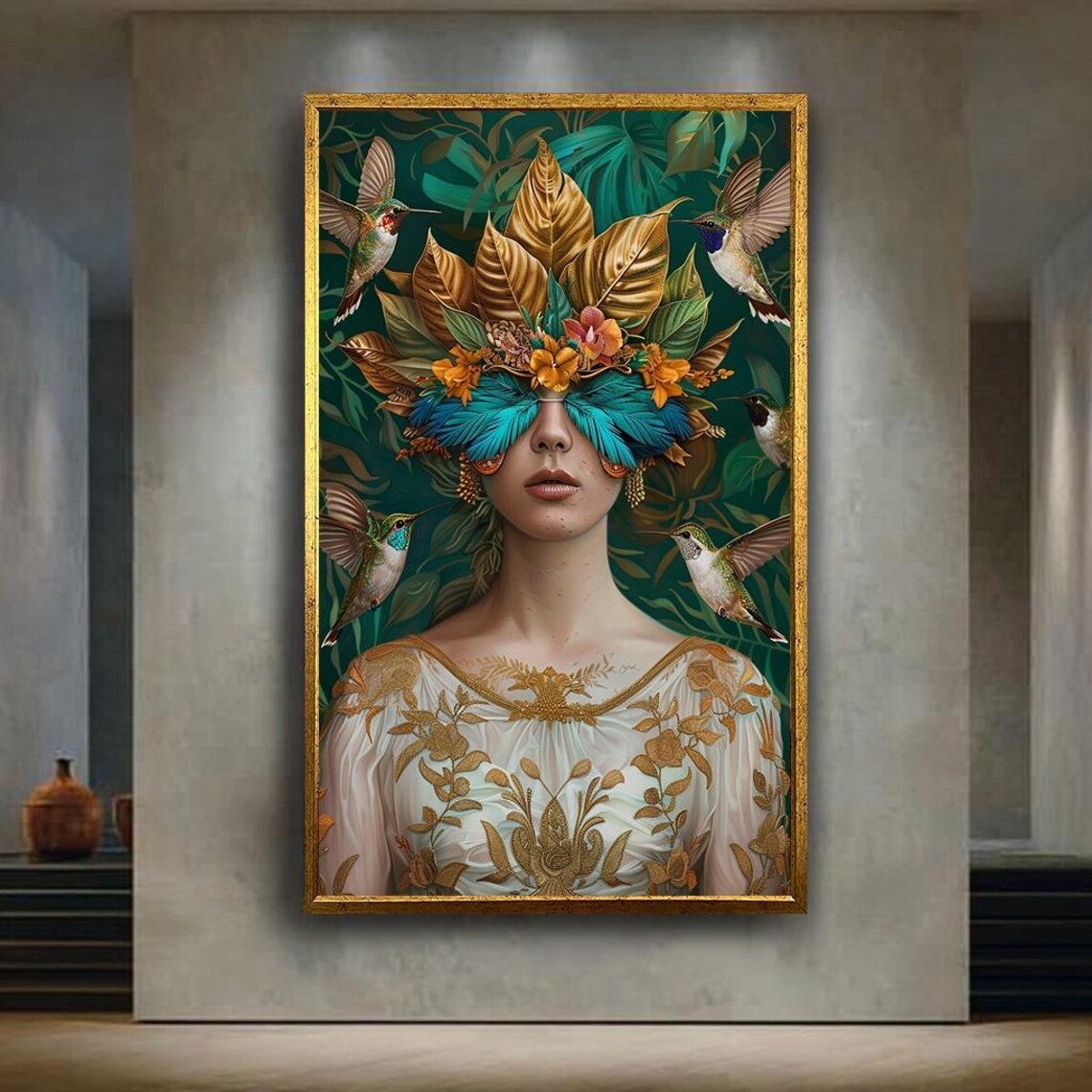 Woman With Feathered Mask Hummingbirds Tropical Gold Leaf Portrait Wall Art