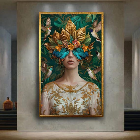 Tropical Woman With Hummingbirds Canvas Print Exotic Floral Headpiece Fantasy Portrait Art For Bohemian And Nature Inspired Home Decor