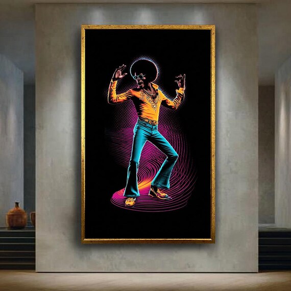 Retro Disco Dancer Canvas Wall Art 70s Afro Style Man In Colorful Outfit With Neon Lights For Funky Vintage Home Decor