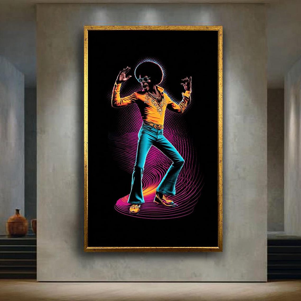 Retro 70s Disco Dancer with Afro Neon Funk Style Dance Poster