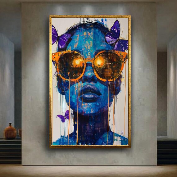 Colorful Woman Portrait Canvas Wall Art Modern Pop Style Artwork With Sunglasses And Butterflies For Home Decor