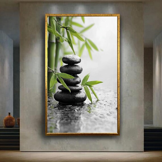 Zen Bamboo And Wet Stones Canvas Print Minimalist Spa Style Wall Art For Meditation Room Yoga Studio Or Tranquil Home Decor