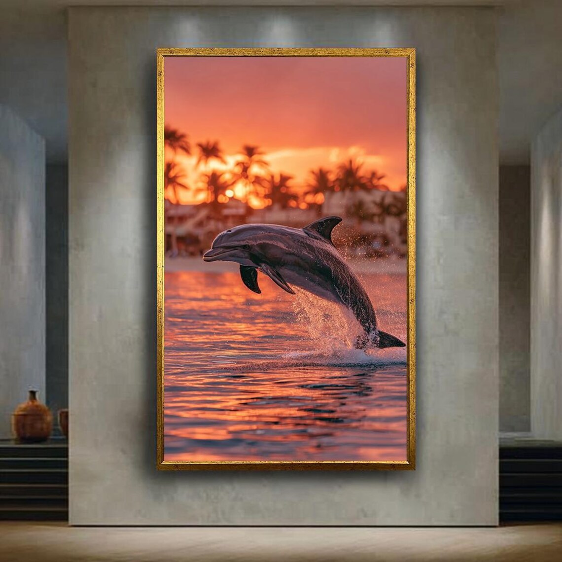 Dolphin Leaping At Sunset Tropical Beach Golden Ocean Waves Poster