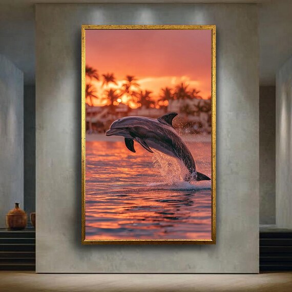 Dolphin Leaping At Sunset Tropical Beach Golden Ocean Waves Poster