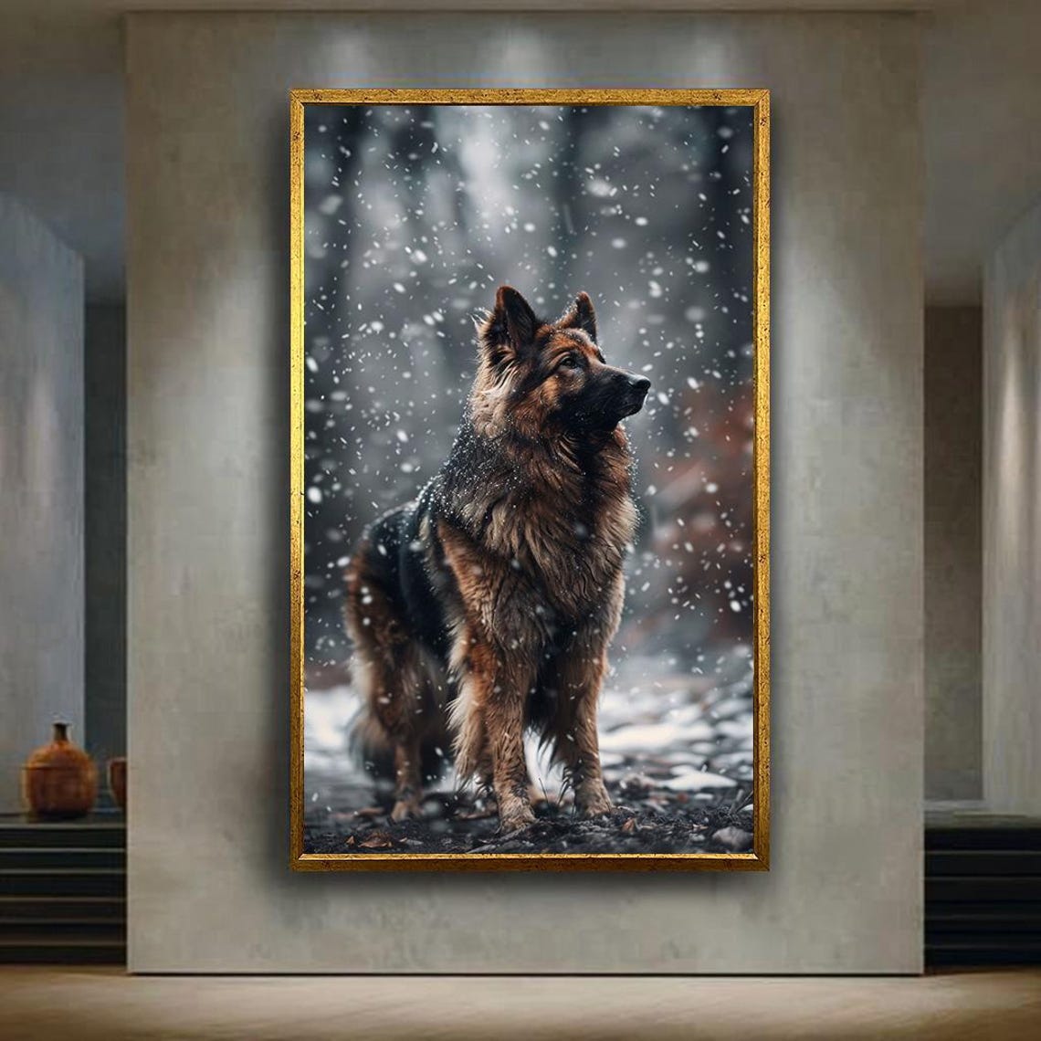 Loyal German Shepherd in Falling Snow Winter Forest Art Poster