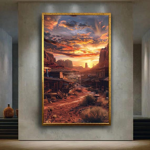 Old Western Town Sunset Canvas Wall Art Desert Frontier Landscape With Wooden Buildings And Dramatic Sky
