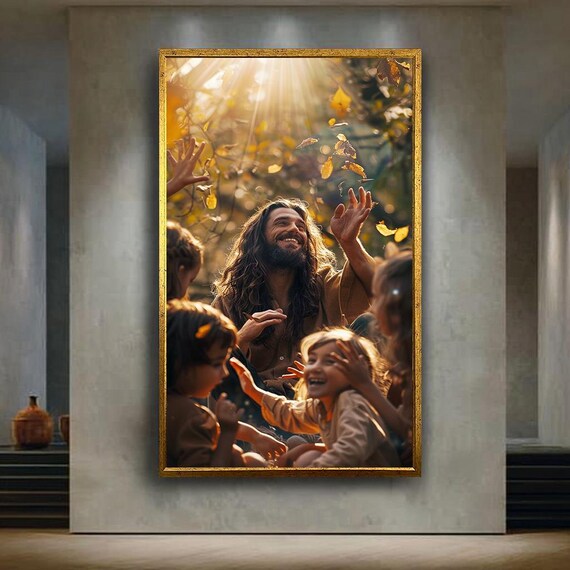 Jesus Christ With Children Forest Light Autumn Leaves Poster
