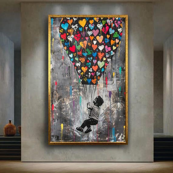 Colorful Heart Balloon Graffiti Wall Art Flying Child Urban Street Canvas Modern Hopeful Pop Print For Nursery Or Home Decor