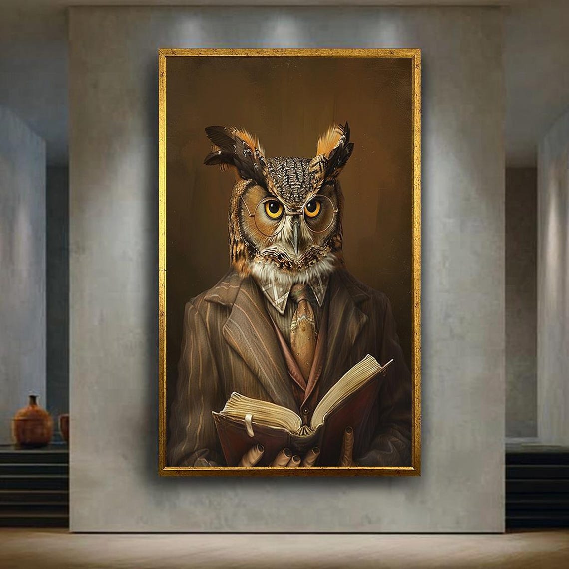 Wise Professor Owl in Suit Reading Glasses Portrait Wall Art