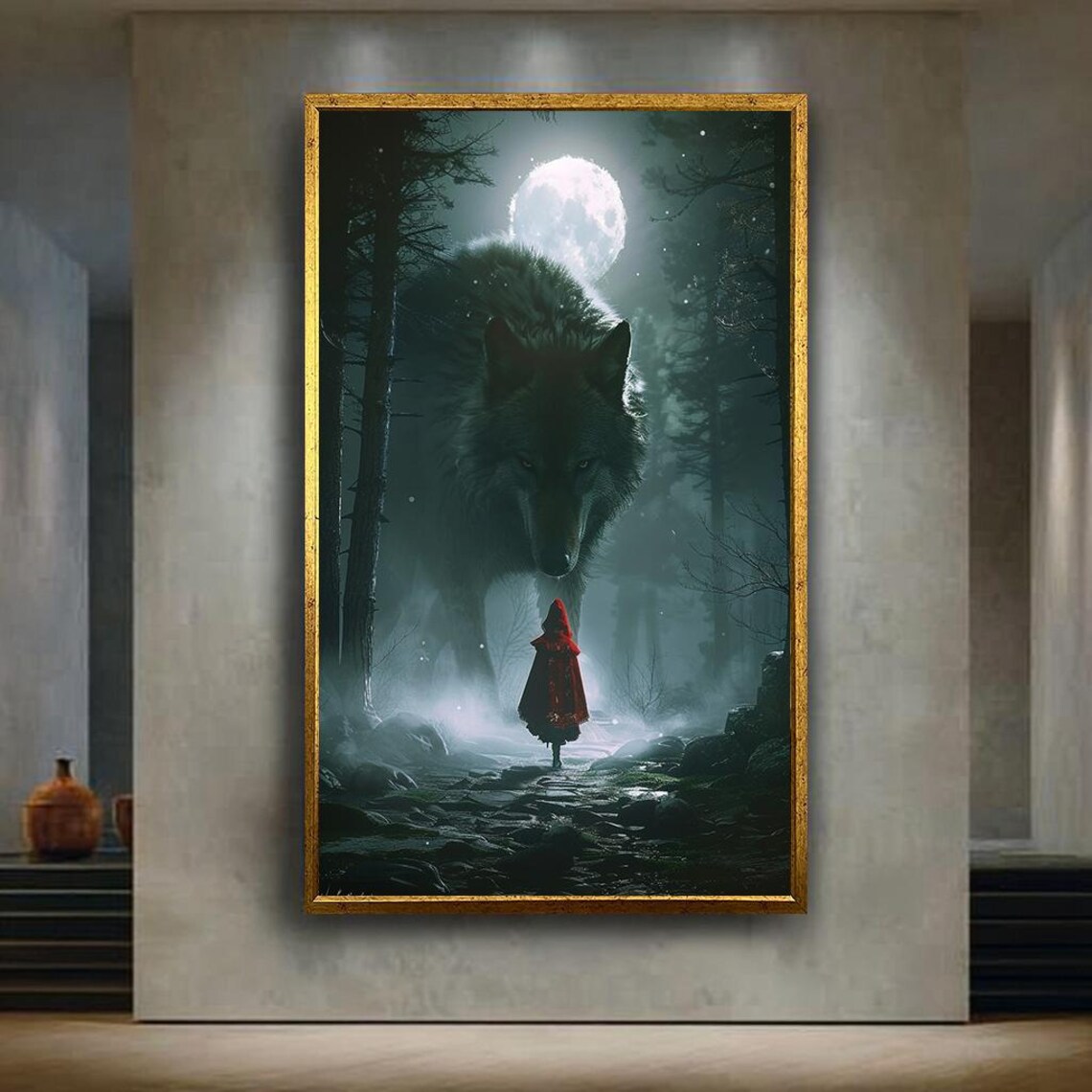 Giant Wolf and a Red Cloaked Girl Moonlit Forest Fantasy Poster