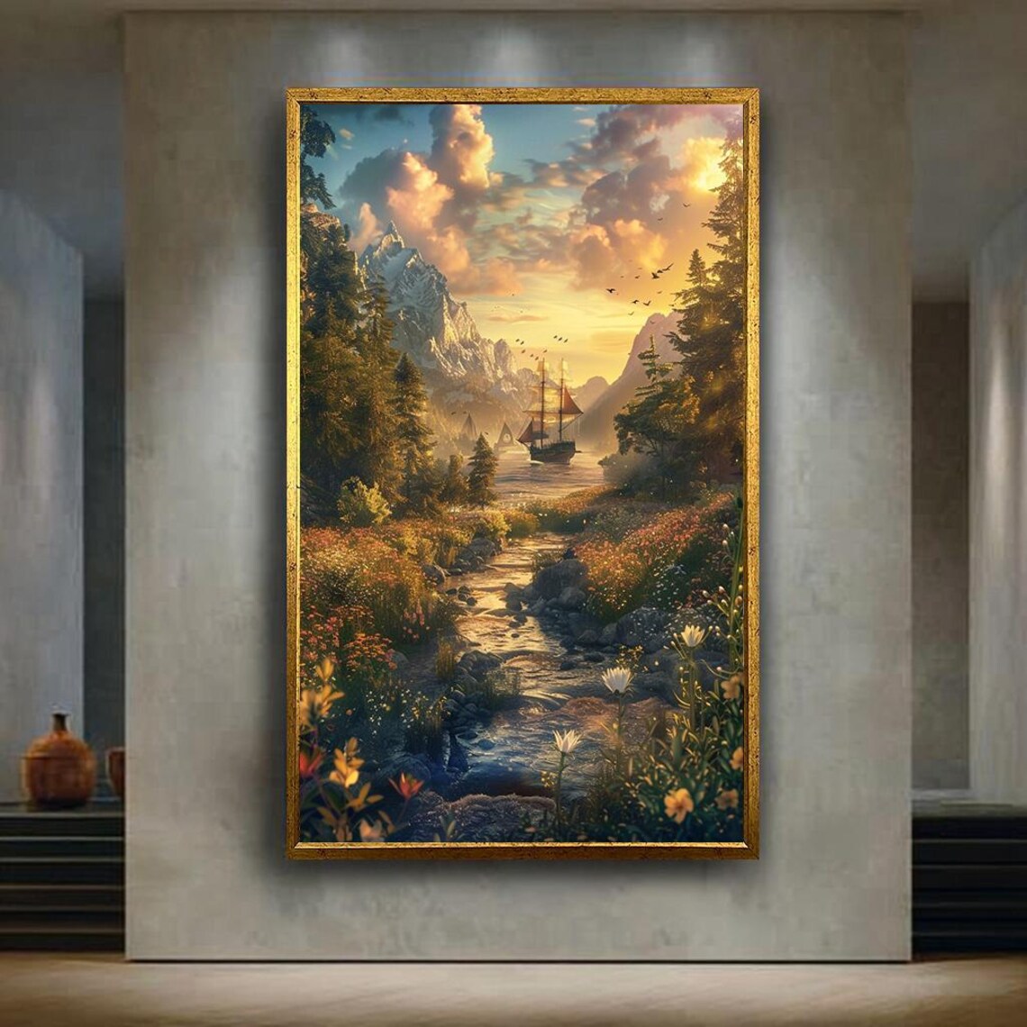 Fantasy Mountain Valley River Sailing Ship Sunset Dreamscape Art Poster