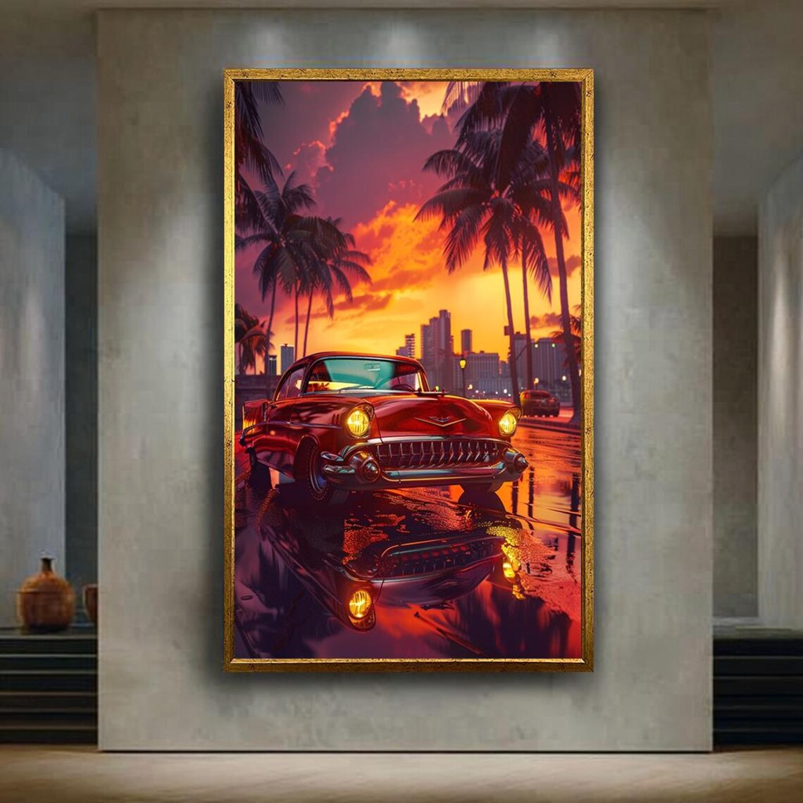 Vintage Red Convertible Classic Car City Sunset Palm Skyline Poster